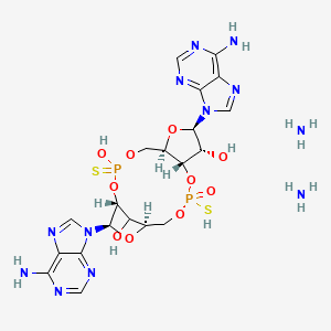 Структурная формула Adenosine, [P(R)]-5'-O-[(R)-hydroxymercaptophosphinyl]-P-thioadenylyl-(2'→5')-, cyclic nucleotide, ammonium salt (1:2), CAS 1638750-96-5, формула C20H30N12O10P2S2