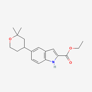 Структурная формула Ethyl 5-(2,2-dimethyltetrahydro-2H-pyran-4-yl)-1H-indole-2-carboxylate, CAS 2212021-76-4, формула C18H23NO3