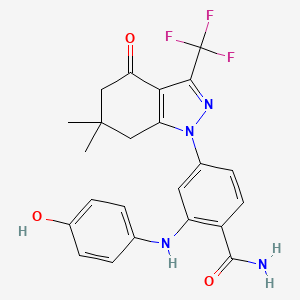 Структурная формула Benzamide, 2-[(4-hydroxyphenyl)amino]-4-[4,5,6,7-tetrahydro-6,6-dimethyl-4-oxo-3-(trifluoromethyl)-1H-indazol-1-yl]-, CAS 2768088-21-5, формула C23H21F3N4O3