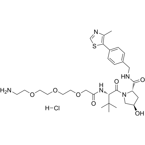 Структурная формула (S,R,S)-AHPC-PEG3-NH2 гидрохлорид, CAS 2097971-11-2, формула C30H46ClN5O7S