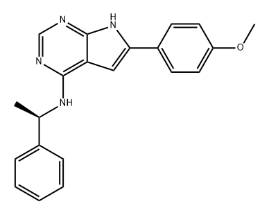 Структурная формула 7H-Pyrrolo[2,3-d]pyrimidin-4-амин, 6-(4-methoxyphenyl)-N-[(1R)-1-phenylethyl]-, CAS 203724-37-2, формула C21H20N4O