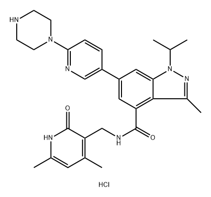 Структурная формула 1h-Indazole-4-карбоксамид, N-[(1,2-дигидро-4,6-Dimethyl-2-оксо-3-пиридинил)метил]-3-метил-1-(1-Methylethyl)-6-[6-(1-Piperazinyl)-3-пиридинил]-, гидрохлорид (1:1), CAS 1346703-65-8, формула C29H36ClN7O2