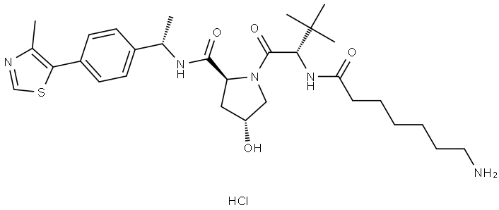 Структурная формула (2s,4r)-1-((s)-2-(7-Aminoheptanamido)-3,3-Dimethylbutanoyl)-4-гидрокси-N-((s)-1-(4-(4-Methylthiazol-5-Yl)фенил)этил)пирролидин-2-карбоксамид гидрохлорид, CAS 2458219-90-2, формула C30H45N5O4S.ClH