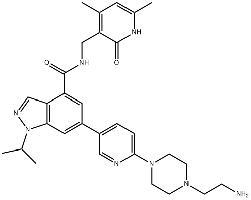 Структурная формула N-((4,6-Dimethyl-2-оксо-1,2-Dihydropyridin-3-yl)methyI)-1-изопропил-6-(6-(4-(2-(3-Mercaptopropanamido)этил)piperazin-1-Yl)pyridin-3-Yl)-1h-Indazole-4-карбоксамид, CAS 2225940-27-0, формула C30H38N8O2