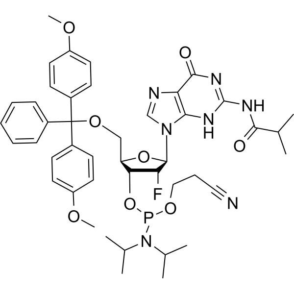 Структурная формула DMT-2'фторо-DG(IB) амидит (2'-F-ibu-dG фосфорамидит, CAS 144089-97-4, формула C44H53FN7O8P